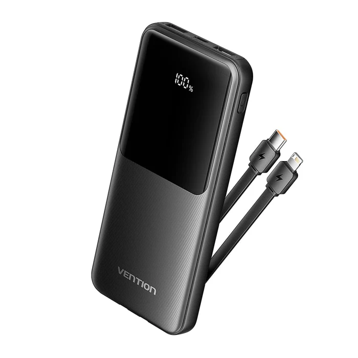 10000mAh Power Bank (Micro-USB + USB-C + USB-A + USB-A) w/ Built-in USB-C & Lightning Cables 22.5W Black LED Display