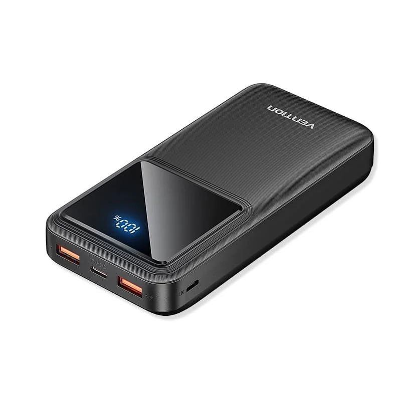 20000mAh Power Bank (Micro-USB + USB-C + USB-A + USB-A) w/ Built-in USB-C & Lightning Cables 22.5W Black LED Display