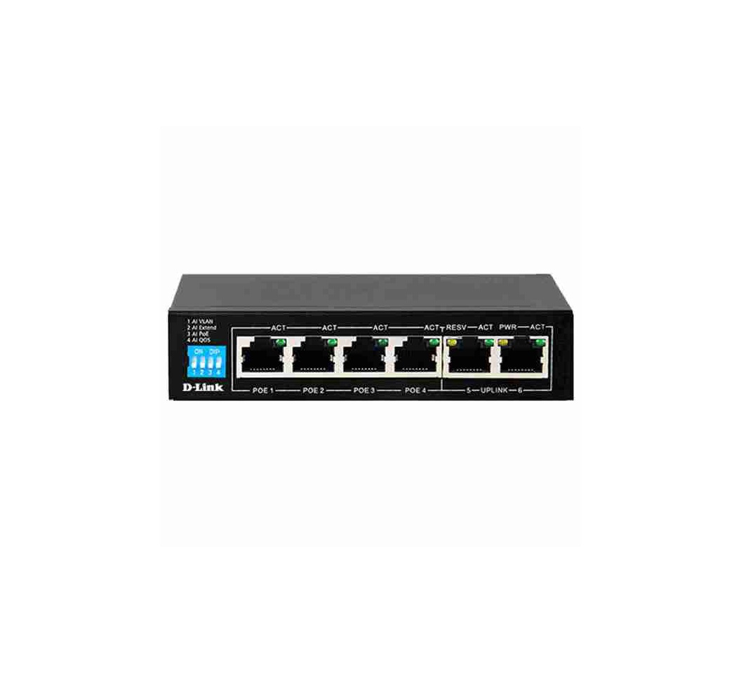 D-Link 250M 6-Port 1000Mbps Switch with 4 PoE Ports and 2 Uplink Ports DGS-F1006P-E