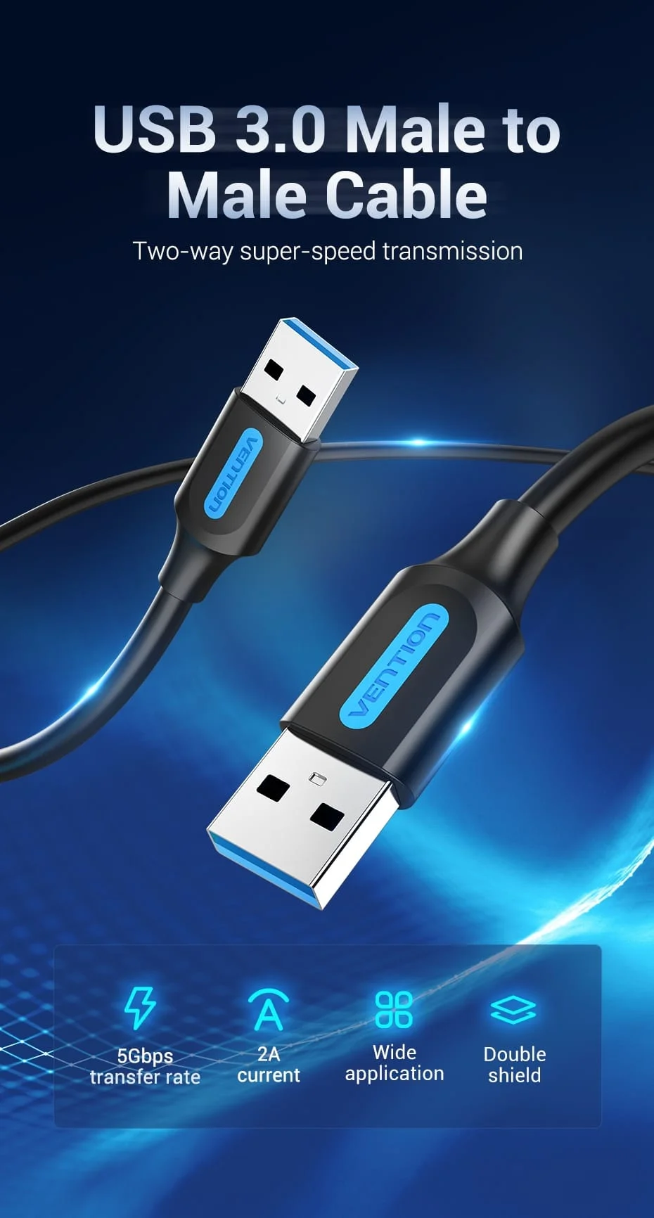 Vention USB 3.0 A Male to B Male Cable 1.5M Black PVC Type
