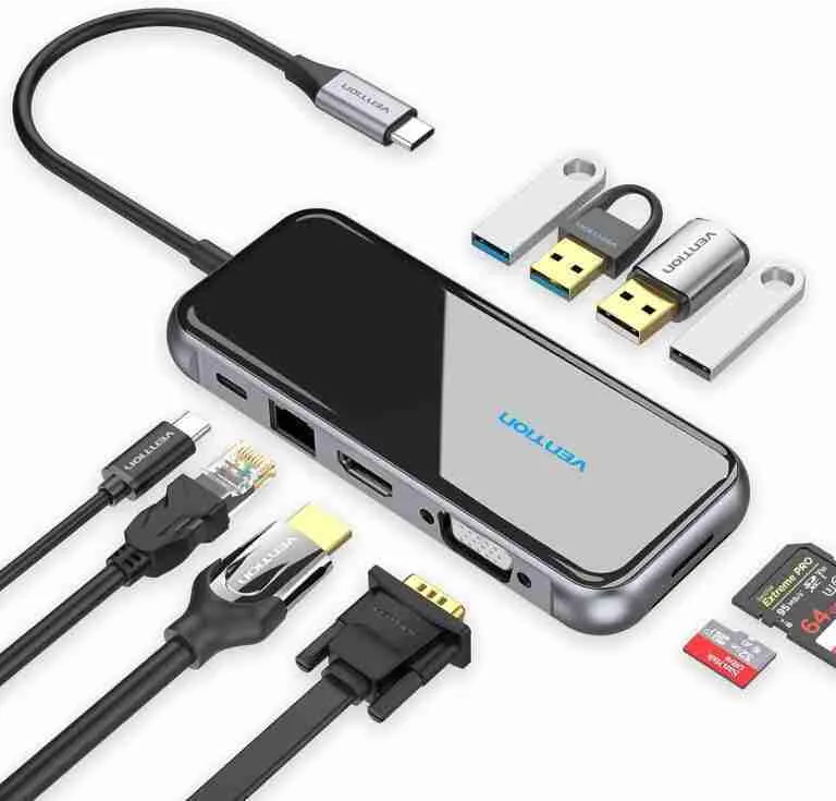 Vention USB-C MULTI-FUNCTIONAL 10 in 1 DOCKING STATION TYPE C to HDMI/VGA/USB3.02/USB2.02/RJ45/TF/SD/PD (87W) Docking Station 0.15M Gray Mirrored Surface Type