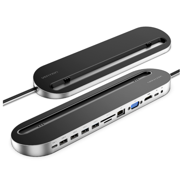 Vention USB C Multi-function 12 in 1 Docking Station (DP/HDMI/VGA/USB-C Gen1/USB 3.0?2/USB 2.0/RJ45/SD/TF/TRRS 3.5mm/PD) 0.25m Gray Metal Type