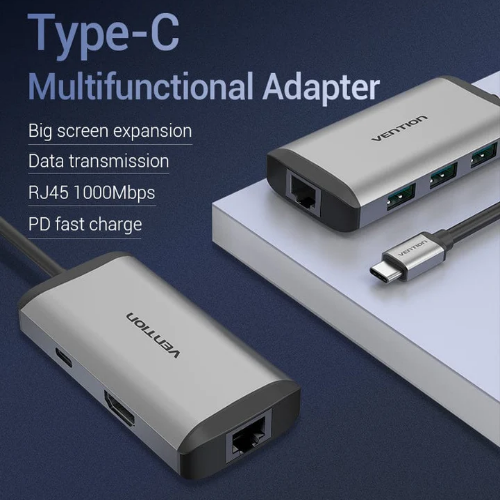 Vention USB C Multi-function 6 in 1 Docking Station (HDMI/USB 3.0?3/RJ45/PD up to 87W) 0.5m Gray