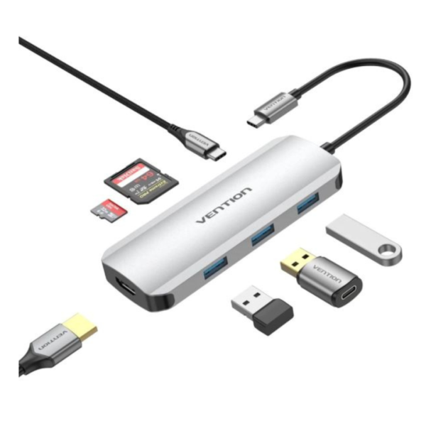 Vention USB C Multi-function 7 in 1 Docking Station (HDMI/USB 3.0?3/SD/TF/PD) 0.15M Gray Aluminum Alloy Type