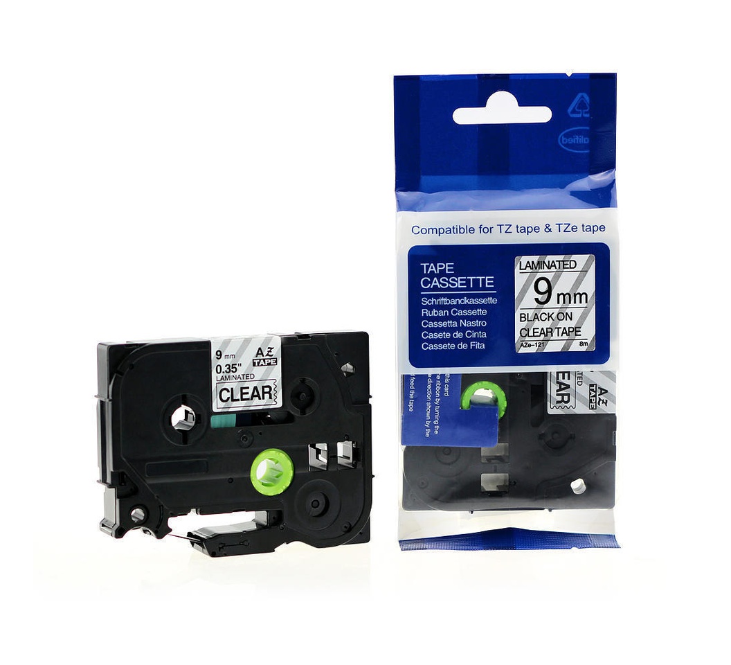 Brother laminated 9mm TZC-s121 black on clear Label Catridge Compatible