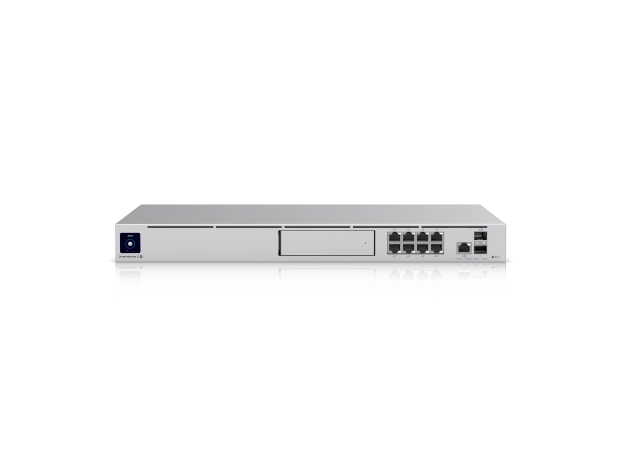 Dream Machine Special Edition, Enterprise-grade, rack-mount UniFi Cloud Gateway with full UniFi application support, 10 Gbps performance, and an integrated PoE switch. 3.5+ Gbps routing with IDS/IPS, Integrated 8-port PoE/PoE+ switch, (1) 10G SFP+*, (8) GbE RJ45 LAN ports including (2) PoE+, and (6) PoE, (1) 10G SFP+*, (1) 2.5 GbE RJ45 WAN ports,1.3" touchscreen, 128 GB SSD & 3.5" NVR HDD bay