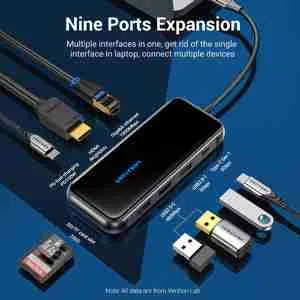 Vention Multi-function USB-C to HDMI/USB-C Gen 1/USB 3.0/USB 2.0*2/RJ45/SD/TF/PD Docking Station 0.15m Black Mirrored Surface Type